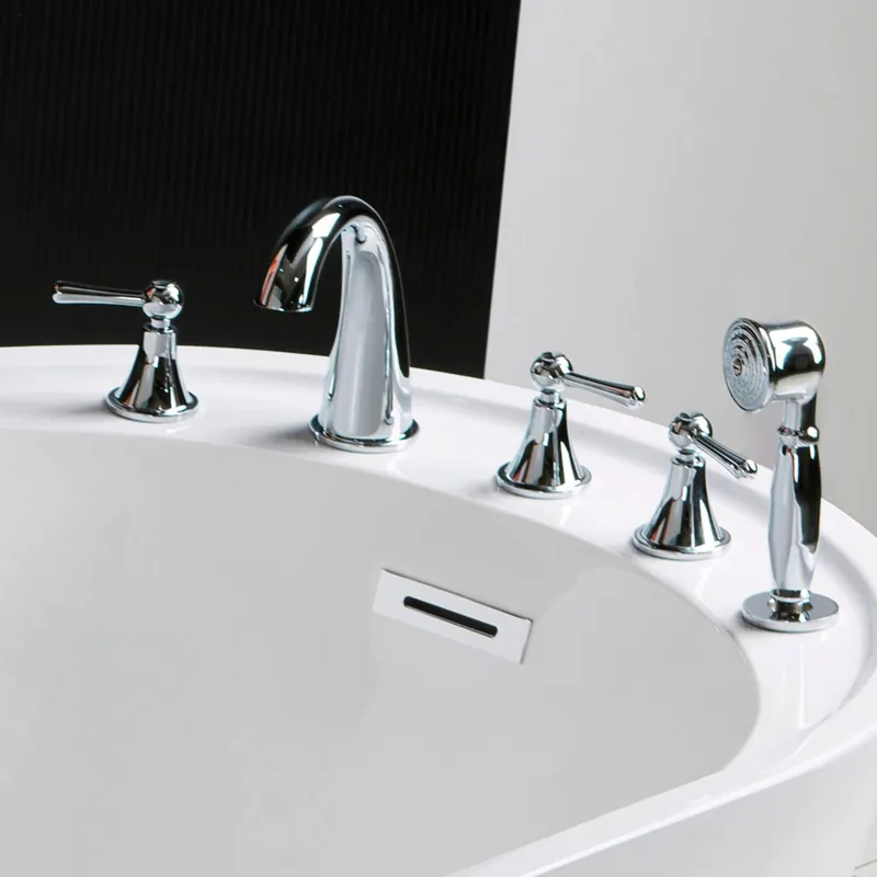 Limited Offer WoodBridge Metal Lever Handle 5-Piece Roman Widespread Deck Mounted Chrome Tub Filler With Hand Shower