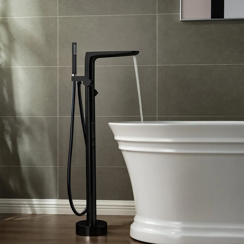 WoodBridge F-0015 Matte Black Contemporary Single Handle Floor Mount Freestanding Tub Filler Faucet With Hand Shower Express Delivery