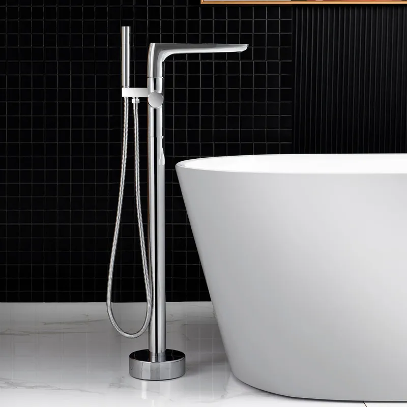 WoodBridge F-0013 Chrome Contemporary Single Handle Floor Mount Freestanding Tub Filler Faucet With Hand Shower Warranty Included