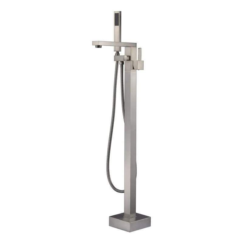 WoodBridge F-0003 Brushed Nickel Contemporary Single Handle Floor Mount Freestanding Tub Filler Faucet With Hand Shower Best Choice