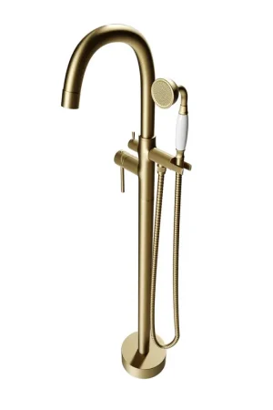 Castello USA Neptune Brushed Gold Drift Freestanding Bathtub Filler With Shower Attachment Crafted