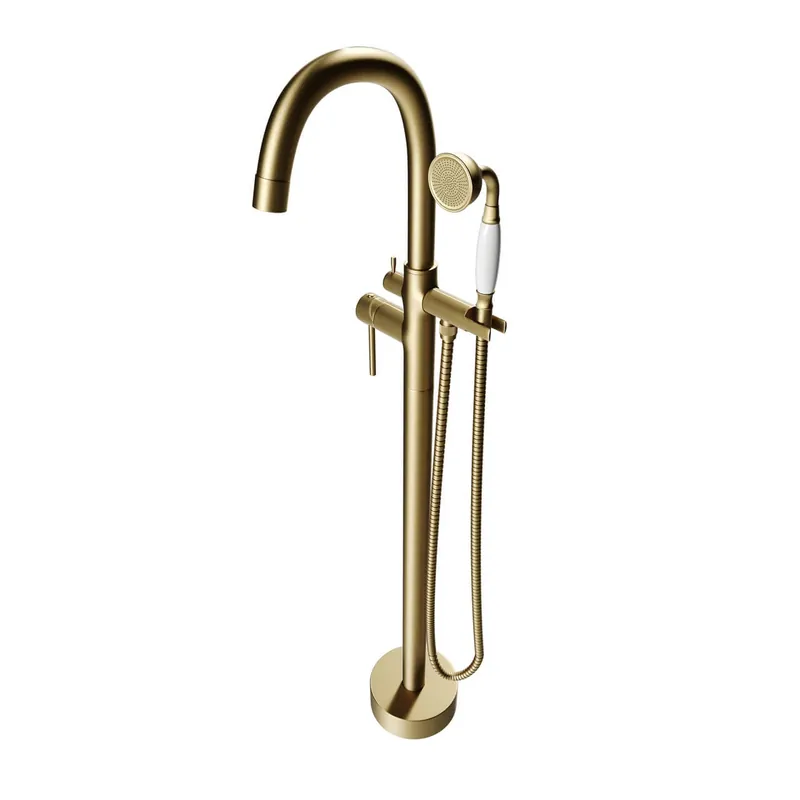 Castello USA Neptune Brushed Gold Drift Freestanding Bathtub Filler With Shower Attachment Crafted