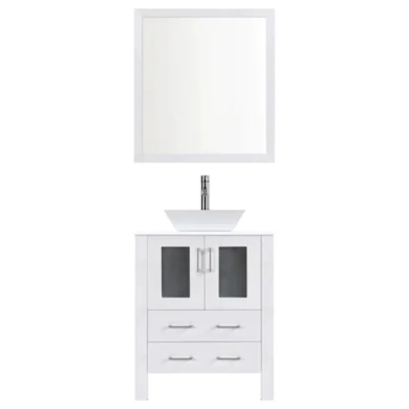 Trending LessCare 36" White Modern Vanity Sink Base with Mirror and Vessel Sink