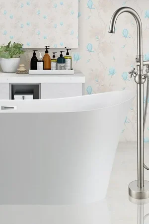 Premium Vanity Art VA2029 47" H Brushed Nickel Freestanding Floor Mounted Bathtub Faucet With Handheld Shower