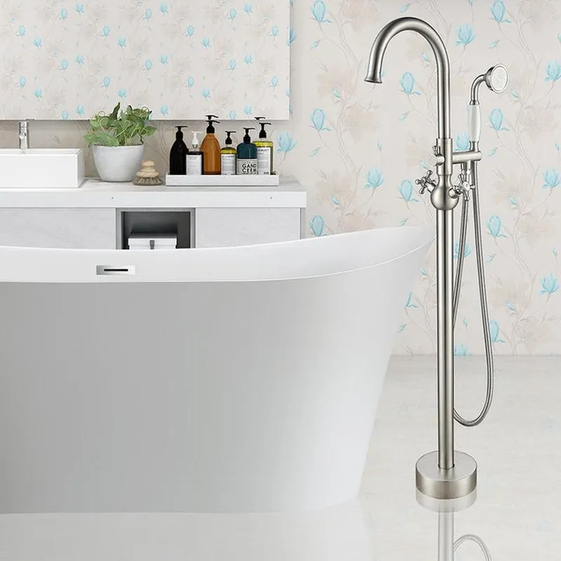 Premium Vanity Art VA2029 47" H Brushed Nickel Freestanding Floor Mounted Bathtub Faucet With Handheld Shower