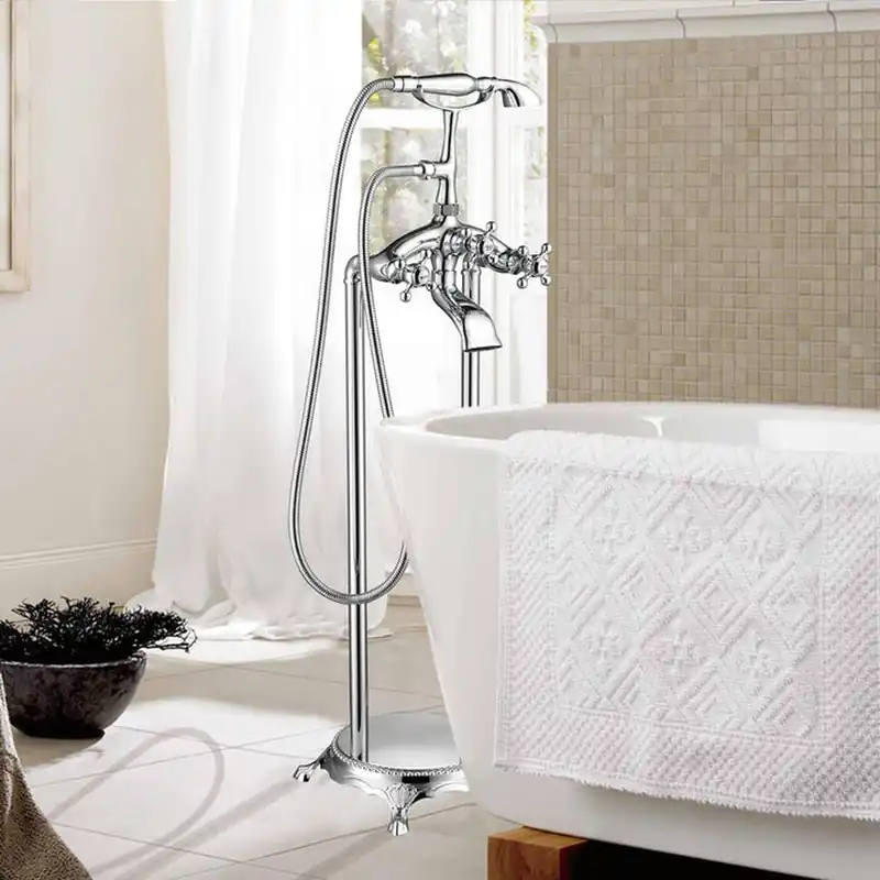 Vanity Art VA2019 40" Polished Chrome Freestanding Floor Mounted Bathtub Faucet With Handheld Shower Fan Favorite