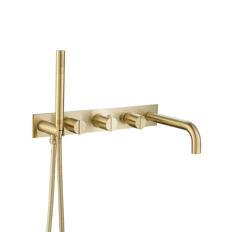 Sale Flusso Faucets Serie 145 Wall Mount Tub Filler With Hand Shower in Satin Brass