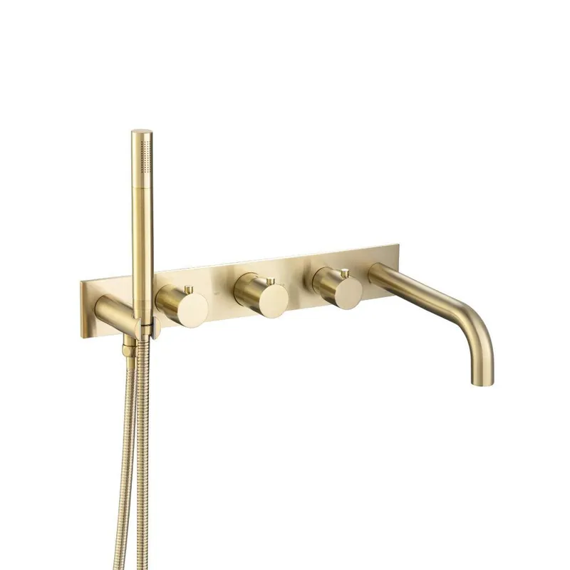 Flusso Faucets Serie 100 Wall Mount Tub Filler With Hand Shower in Satin Brass Flash Sale