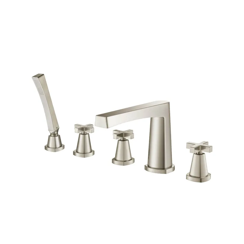 Shop Now Flusso Faucets Serie 240 Five Hole Deck Mounted Roman Tub Faucet With Hand Shower in Brushed Nickel