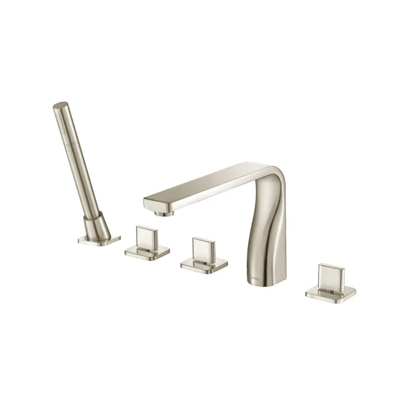 Top Pick Flusso Faucets Serie 260 Five Hole Deck Mounted Roman Tub Faucet With Hand Shower in Brushed Nickel