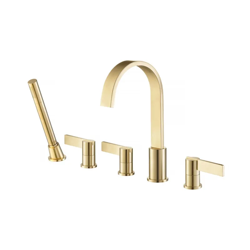 Flusso Faucets Serie 145 Five Hole Deck Mounted Roman Tub Faucet With Hand Shower in Satin Brass No Minimum Order