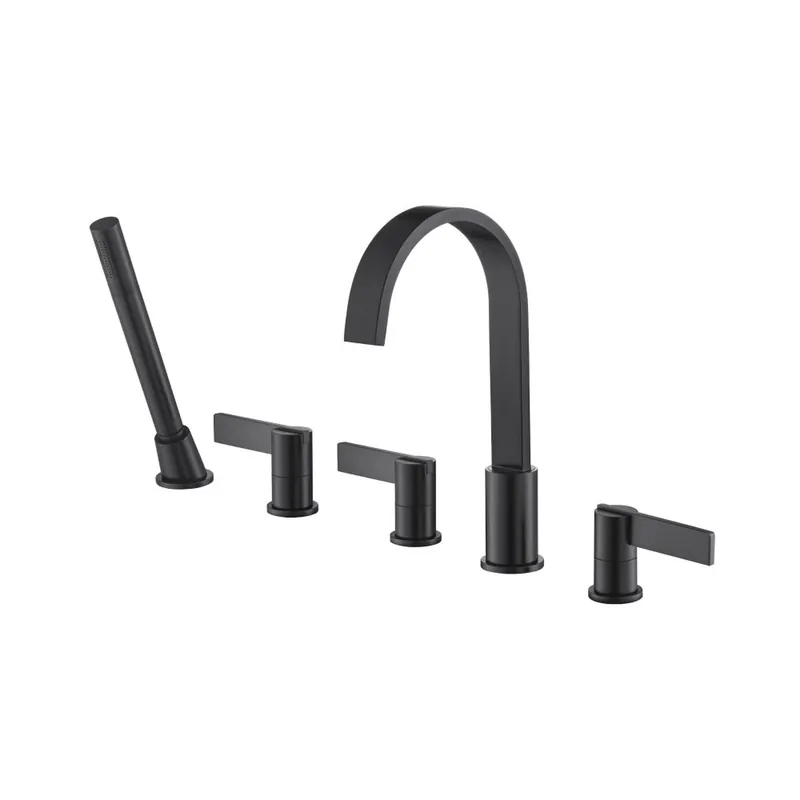 Shop Now Flusso Faucets Serie 145 Five Hole Deck Mounted Roman Tub Faucet With Hand Shower in Matte Black