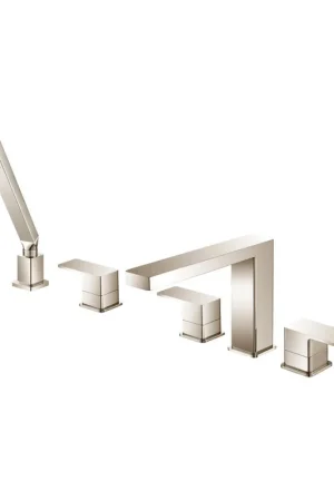 Direct From Factory Flusso Faucets Serie 196 Five Hole Deck Mounted Roman Tub Faucet With Hand Shower in Polished Nickel