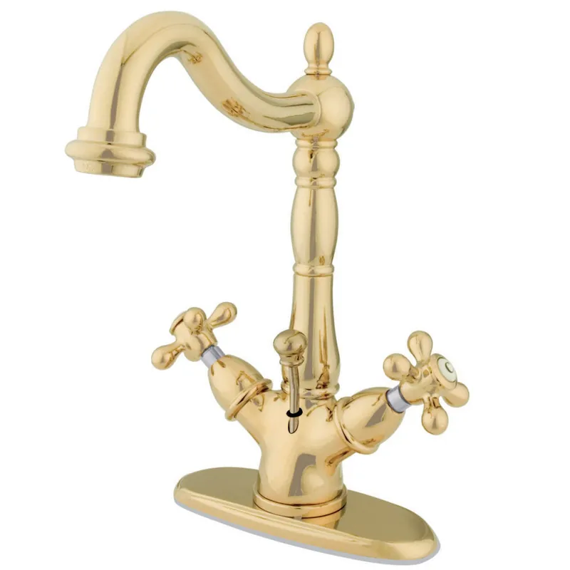 Deal Kingston Brass KS1432AX Heritage Two-Handle Bathroom Faucet with Brass Pop-Up and Cover Plate, Polished Brass