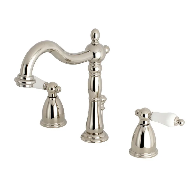 Kingston Brass KB1976PL Heritage Widespread Bathroom Faucet with Brass Pop-Up, Polished Nickel Handmade
