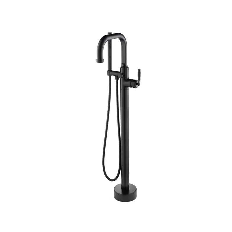 Direct From Factory Flusso Faucets Serie 250 40" Matte Black Freestanding Floor-Mounted Swivel Bathtub Filler With Integrated Diverter and Hand-Held Shower With Back Flow Prevention Valve