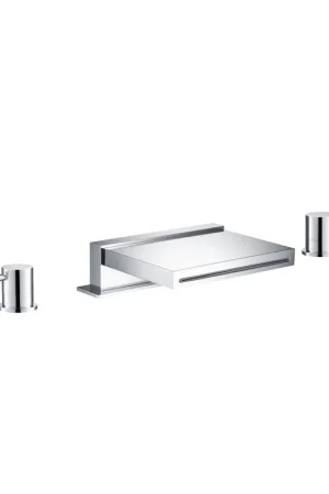 Worldwide Shipping Flusso Faucets Serie 100 18" Three-Hole Chrome Deck-Mounted Cascade / Sheet Flow Waterfall Roman Bathtub Faucet With Valve Set