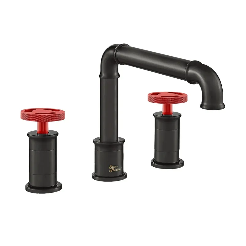 Swiss Madison Avallon 8" Widespread Matte Black Bathroom Faucet With Red Wheel Handle and 1.2 GPM Flow Rate Professional Grade