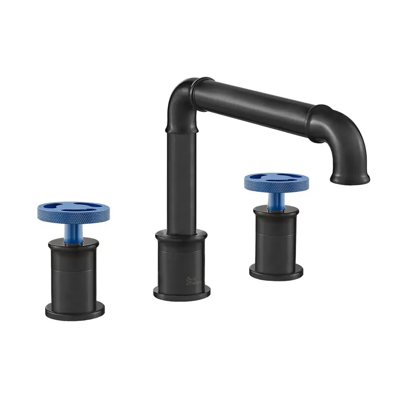 Swiss Madison Avallon 8" Widespread Matte Black Bathroom Faucet With Blue Wheel Handle and 1.2 GPM Flow Rate Final Sale