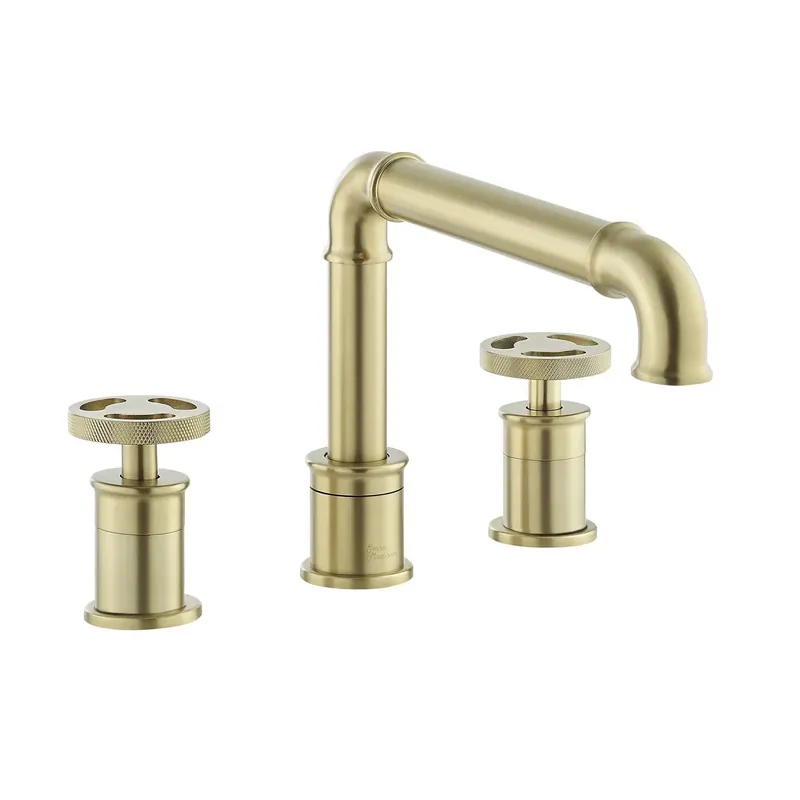 Swiss Madison Avallon 8" Widespread Brushed Gold Bathroom Faucet With Wheel Handle and 1.2 GPM Flow Rate Money Back Guarantee