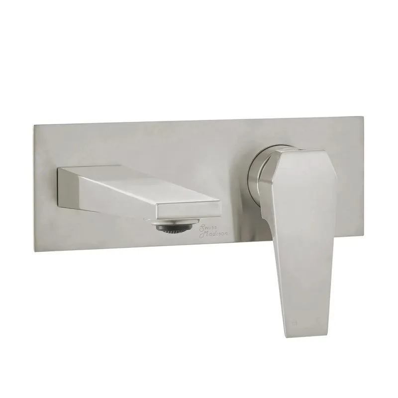 Price Cut Swiss Madison Voltaire 9" Brushed Nickel Two Hole Wall-Mounted Bathroom Faucet With Single Lever Handle and 1.5 GPM Flow Rate