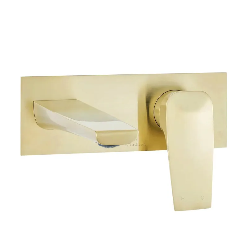 Flash Sale Swiss Madison Monaco 8" Brushed Gold Two Hole Wall-Mounted Bathroom Faucet With Single Lever Handle and 1.2 GPM Flow Rate