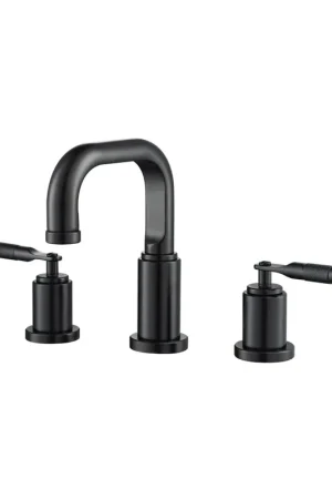 Bargain Flusso Faucets Serie 250 14" Three-Hole Matte Black Solid Brass Deck-Mounted Widespread Bathroom Sink Faucet With Overflow Pop-Up Drain