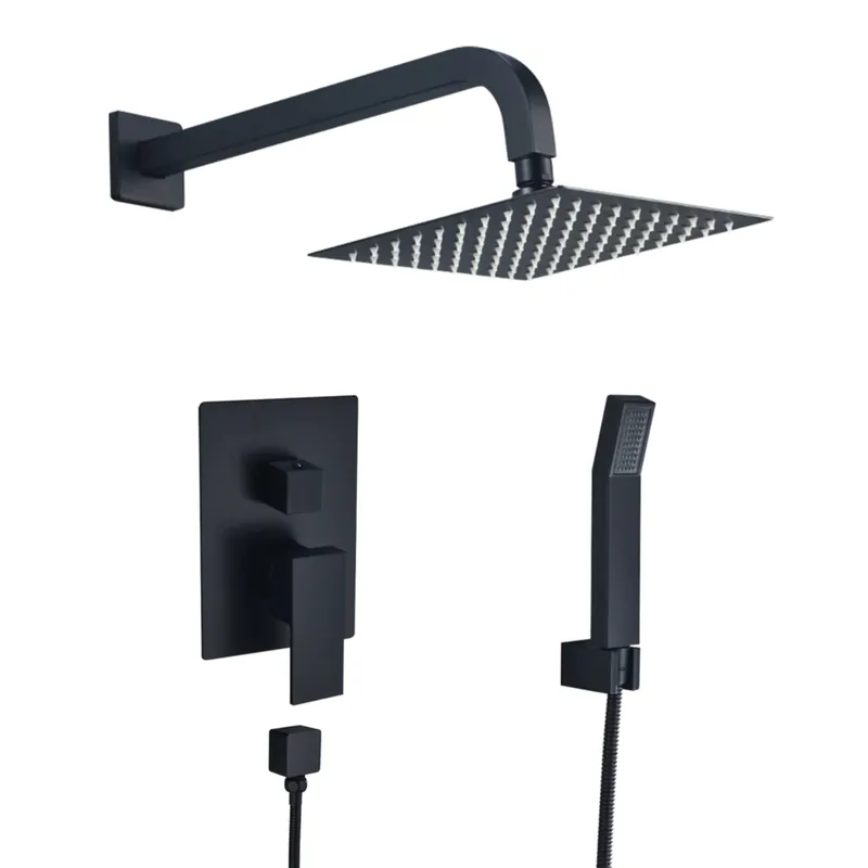 Hot Deal Altair Raeren Matte Black Complete Shower System With 8" Square Rain Shower Head and Rough-In Valve