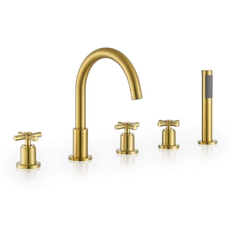 Altair Vikran Brushed Gold Triple Handle Deck-mounted Bathtub Faucet With Handshower Price Drop