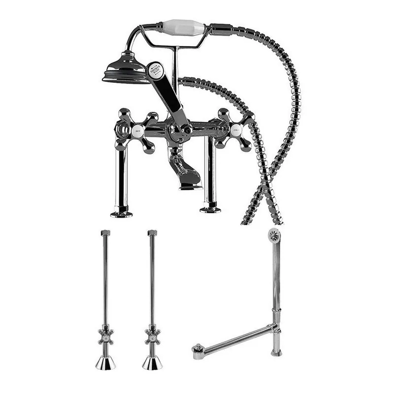 Cambridge Plumbing Complete Package Including Polished Chrome 6" Riser Deck Mount Faucet, Supply Lines, Drain And Overflow Assembly Brand New