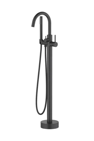 Direct From Factory KIBI Circular Brass Single Handle Floor Mounted Freestanding Tub Filler With Hand Shower in Matte Black Finish