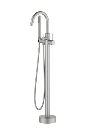 Final Sale KIBI Circular Brass Single Handle Floor Mounted Freestanding Tub Filler With Hand Shower in Brushed Nickel Finish