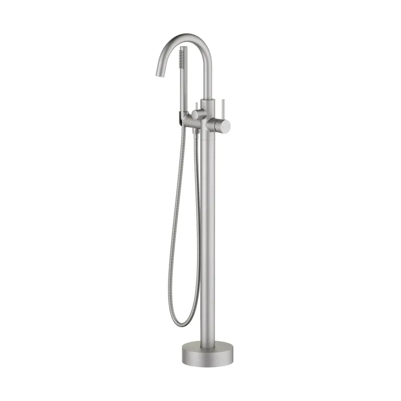 Final Sale KIBI Circular Brass Single Handle Floor Mounted Freestanding Tub Filler With Hand Shower in Brushed Nickel Finish