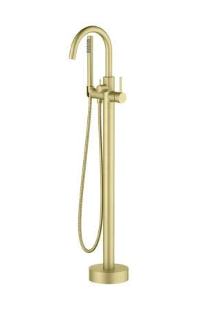 KIBI Circular Brass Single Handle Floor Mounted Freestanding Tub Filler With Hand Shower in Brushed Gold Finish Same Day Shipping