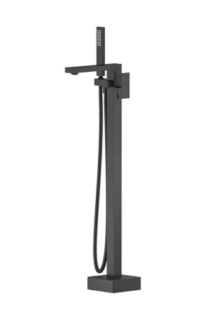 KIBI Cube Brass Single Handle Floor Mounted Freestanding Tub Filler With Hand Shower in Matte Black Finish Exclusive Offer