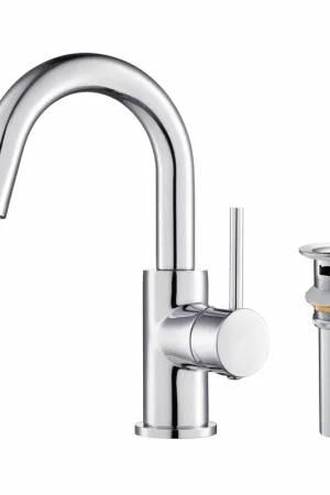Discount KIBI Circular High-Arc Single Handle Chrome Solid Brass Bathroom Sink Faucet With Pop-Up Drain Stopper Small Cover With Overflow