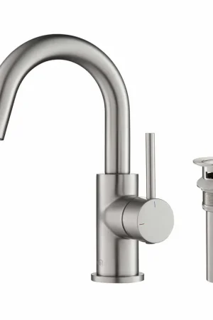 New Release KIBI Circular High-Arc Single Handle Brushed Nickel Solid Brass Bathroom Sink Faucet With Pop-Up Drain Stopper Small Cover With Overflow