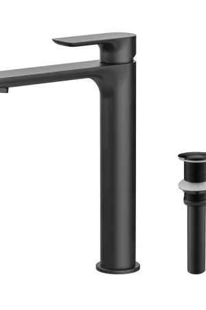 KIBI Tender-T Single Handle Matte Black Solid Brass Bathroom Vessel Sink Faucet With Pop-Up Drain Stopper Small Cover Without Overflow Popular