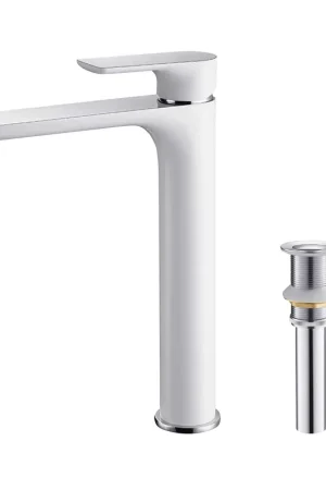 KIBI Tender-T Single Handle White Solid Brass Bathroom Vessel Sink Faucet With Chrome Pop-Up Drain Stopper Small Cover Without Overflow Brand New