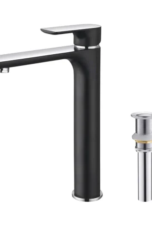 Sale KIBI Tender-T Single Handle Black Solid Brass Bathroom Vessel Sink Faucet With Chrome Pop-Up Drain Stopper Small Cover Without Overflow