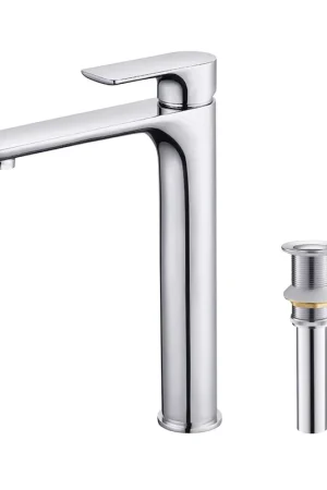 KIBI Tender-T Single Handle Chrome Solid Brass Bathroom Vessel Sink Faucet With Pop-Up Drain Stopper Small Cover Without Overflow Super Sale
