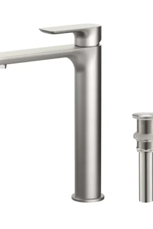 Final Sale KIBI Tender-T Single Handle Brushed Nickel Solid Brass Bathroom Vessel Sink Faucet With Pop-Up Drain Stopper Small Cover Without Overflow