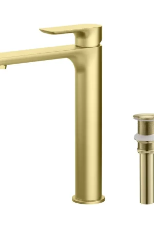 Editor’s Pick KIBI Tender-T Single Handle Brushed Gold Solid Brass Bathroom Vessel Sink Faucet With Pop-Up Drain Stopper Small Cover Without Overflow