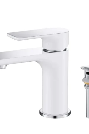 KIBI Tender Single Handle White Solid Brass Bathroom Sink Faucet With Chrome Pop-Up Drain Stopper Small Cover With Overflow Money Back Guarantee