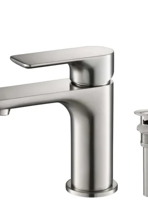 KIBI Tender Single Handle Brushed Nickel Solid Brass Bathroom Sink Faucet With Pop-Up Drain Stopper Small Cover With Overflow Handmade