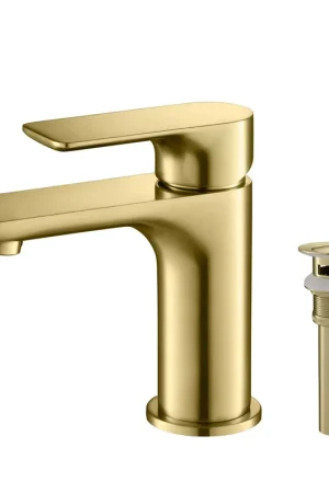 Popular KIBI Tender Single Handle Brushed Gold Solid Brass Bathroom Sink Faucet With Pop-Up Drain Stopper Small Cover With Overflow