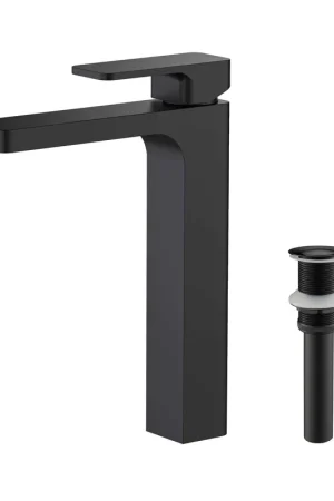 Last Chance KIBI Blaze-T Single Handle Matte Black Solid Brass Bathroom Vessel Sink Faucet With Pop-Up Drain Stopper Small Cover Without Overflow