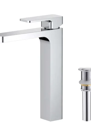 KIBI Blaze-T Single Handle Chrome Solid Brass Bathroom Vessel Sink Faucet With Pop-Up Drain Stopper Small Cover Without Overflow High Quality