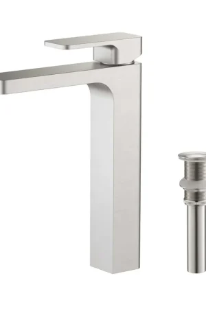 KIBI Blaze-T Single Handle Brushed Nickel Solid Brass Bathroom Vessel Sink Faucet With Pop-Up Drain Stopper Small Cover Without Overflow Place Order