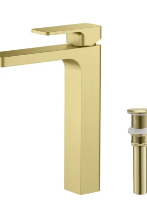 Buy Today KIBI Blaze-T Single Handle Brushed Gold Solid Brass Bathroom Vessel Sink Faucet With Pop-Up Drain Stopper Small Cover Without Overflow